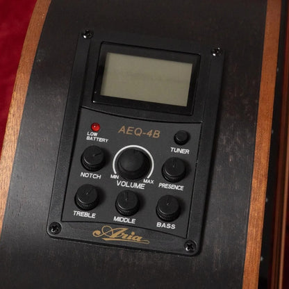 Close up view of Aria FEB-F2M/FL Fretless Bass Stained Black Pickup on red background