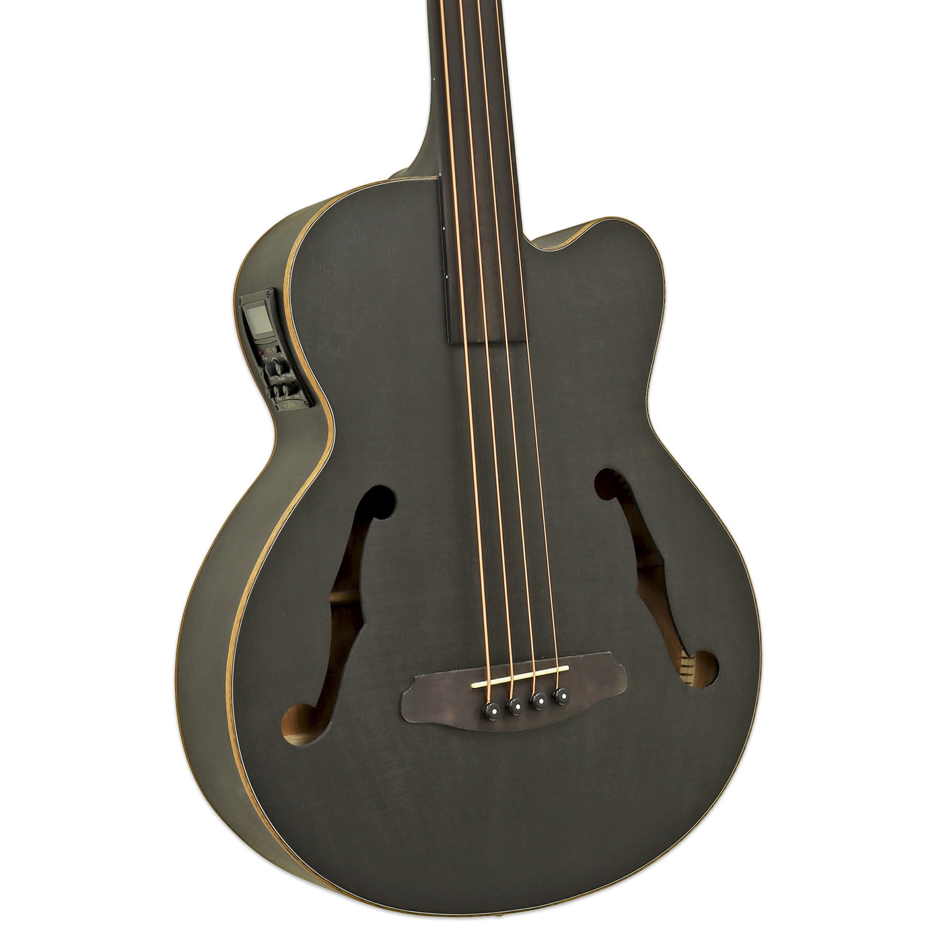 Close up view of Aria FEB-F2M/FL Fretless Bass Stained Black on white background