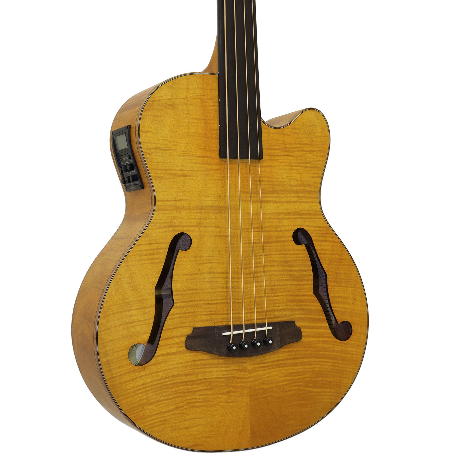 Close up view of Aria FEB-F2M/FL Fretless Bass Stained Brown on white background