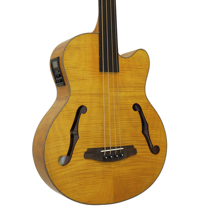 Close up view of Aria FEB-F2M/FL Fretless Bass Stained Brown on white background