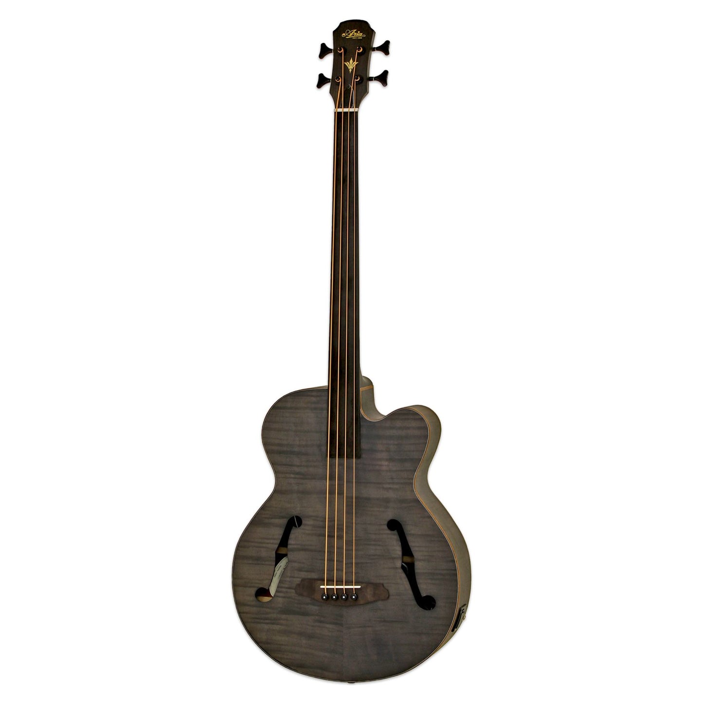 Front view of Aria FEB F2/FL Fretless Bass Stained Black on white background