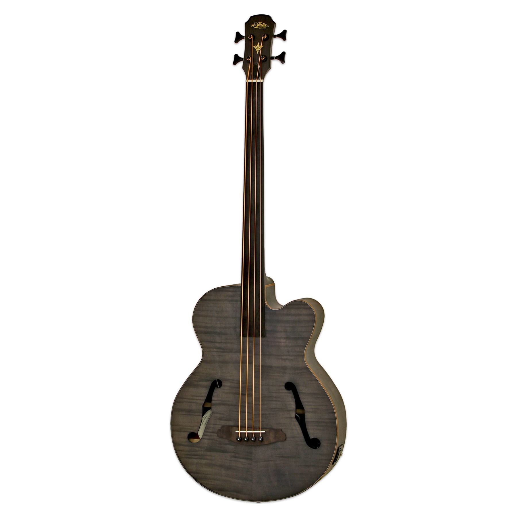 Front view of Aria FEB F2/FL Fretless Bass Stained Black on white background