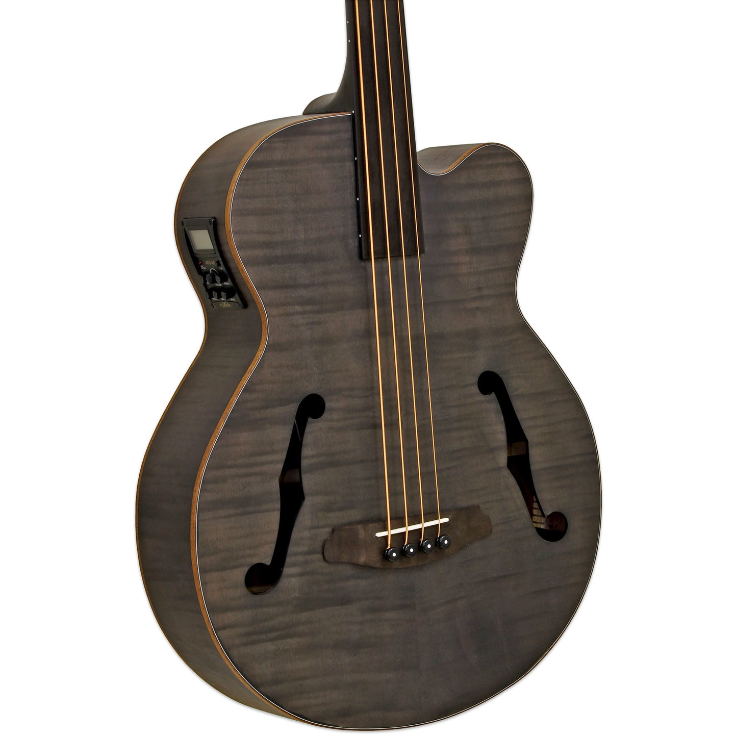 Close up front view of Aria FEB F2/FL Fretless Bass Stained Black on white background