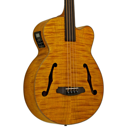 Close up front view of Aria FEB F2/FL Fretless Bass Stained Brown on white background