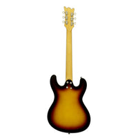 Rear view of Aria Pro II DM 206 Electric Guitar 3-Tone Sunburst on white background