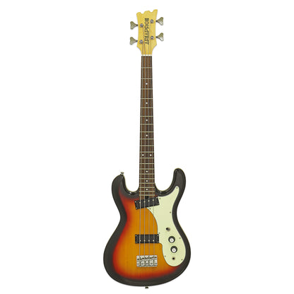 Front view of Aria Pro II DMB 206 Electric Bass Guitar 3-Tone Sunburst on white background