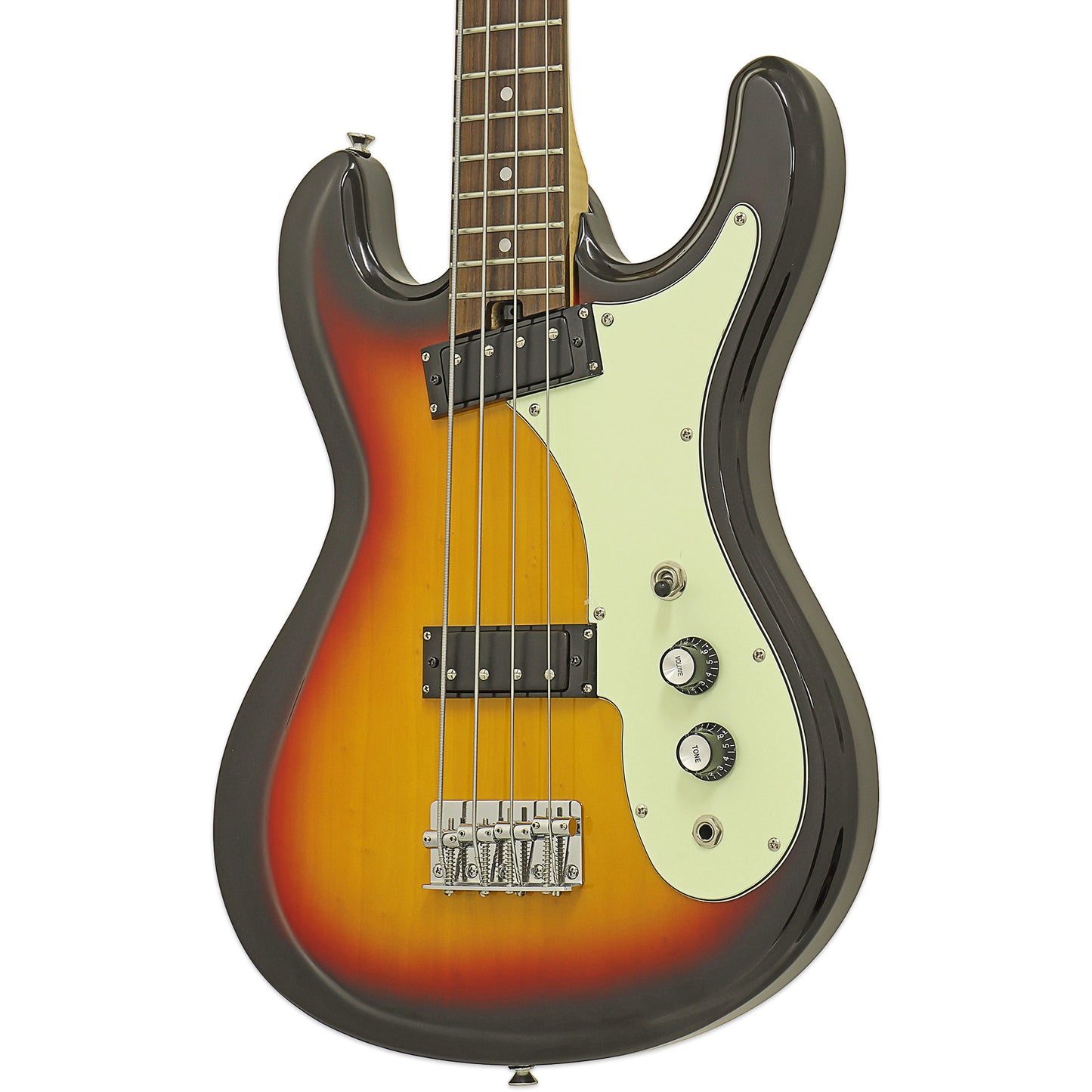 Close up angled view of Aria Pro II DMB 206 Electric Bass Guitar 3-Tone Sunburst on white background