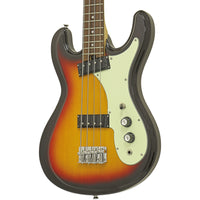 Close up angled view of Aria Pro II DMB 206 Electric Bass Guitar 3-Tone Sunburst on white background