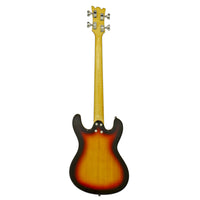 Rear view of Aria Pro II DMB 206 Electric Bass Guitar 3-Tone Sunburst on white background