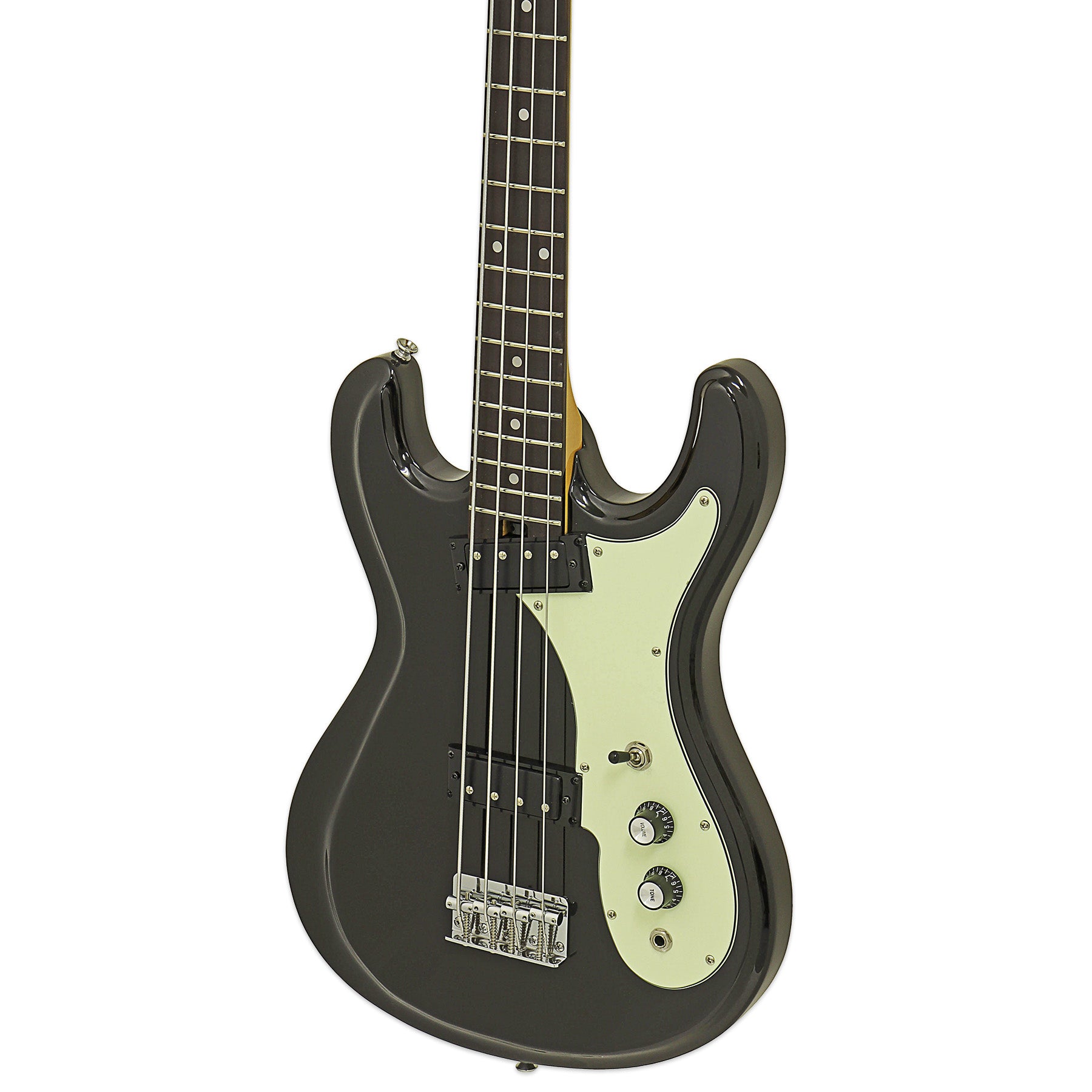 Close up angled view of Aria Pro II DMB 206 Electric Bass Guitar Black on white background