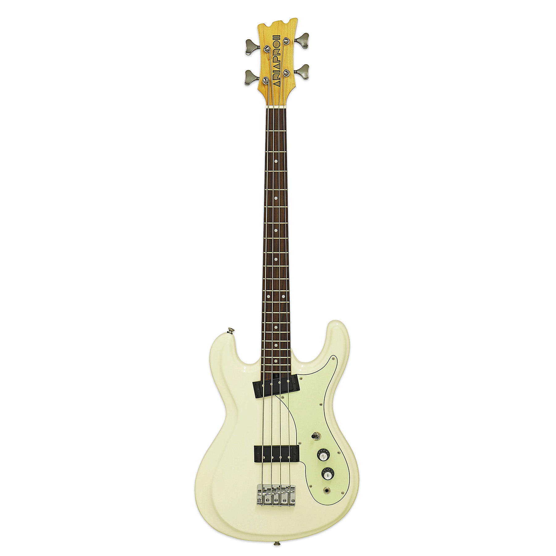 Front view of Aria Pro II DMB 206 Electric Bass Guitar Vintage White on white background