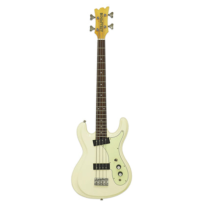 Front view of Aria Pro II DMB 206 Electric Bass Guitar Vintage White on white background