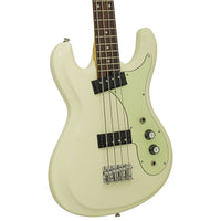 Close up angled front view of Aria Pro II DMB 206 Electric Bass Guitar Vintage White on white background