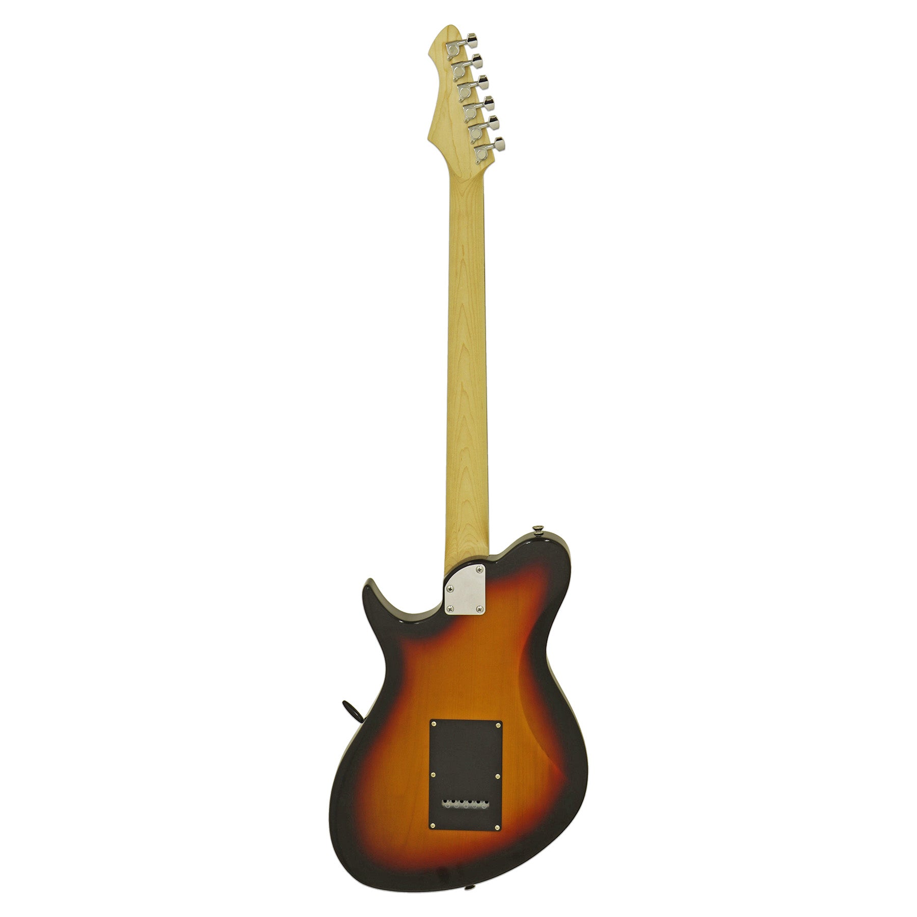 Rear view of Aria Pro II J-B’tone Electric Baritone Guitar 3-Tone Sunburst on white background