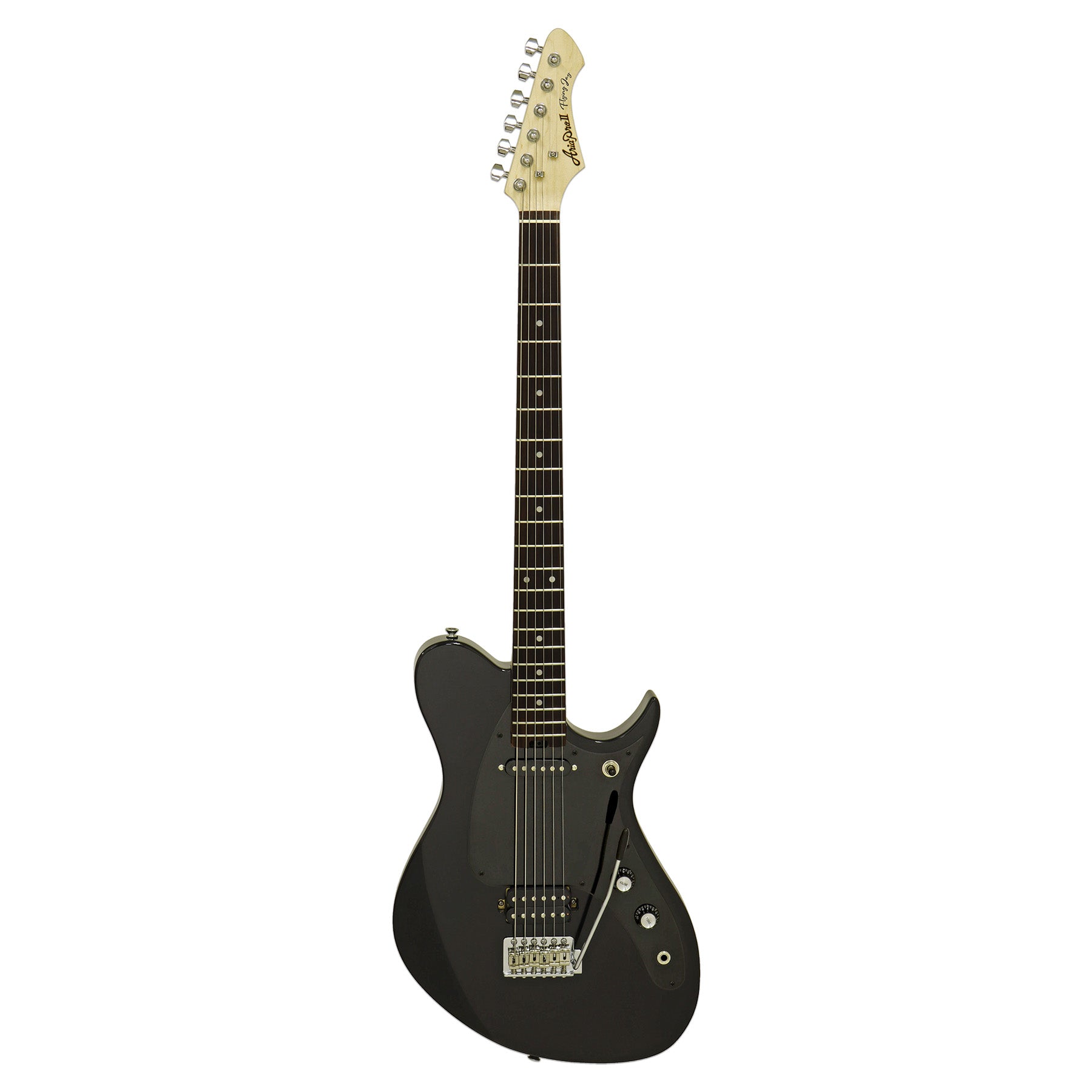 Front view of Aria Pro II J-B’tone Electric Baritone Guitar Black on white background