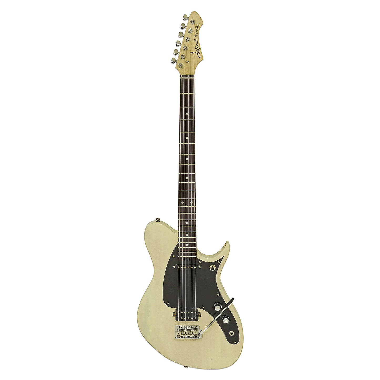 Front view of Aria Pro II J-B’tone Electric Baritone Guitar See-Through Vintage White on white background