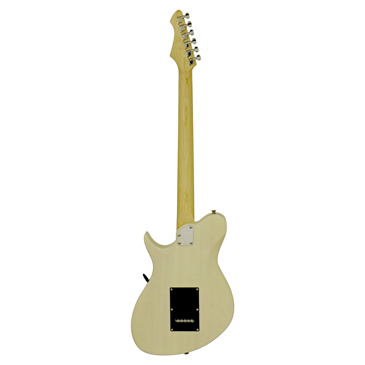 Rear view of Aria Pro II J-B’tone Electric Baritone Guitar See-Through Vintage White on white background