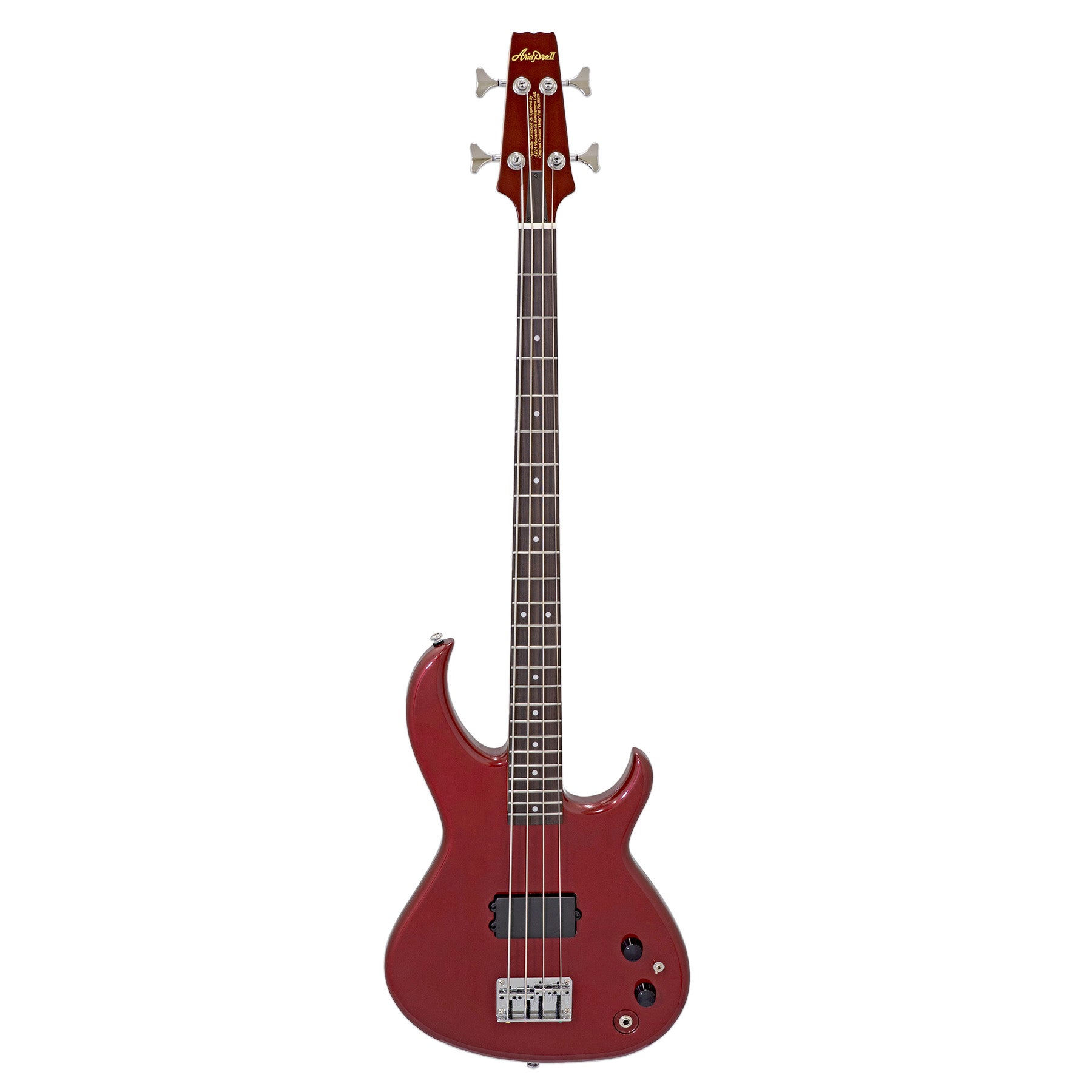 Front view of Aria Pro II SB ONE Electric Bass Guitar Candy Apple Red on white background
