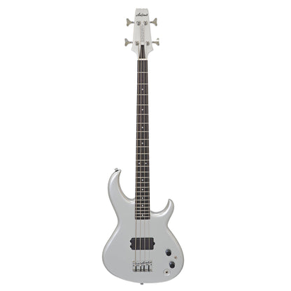 Front view of Aria Pro II SB ONE Electric Bass Guitar Silver on white background
