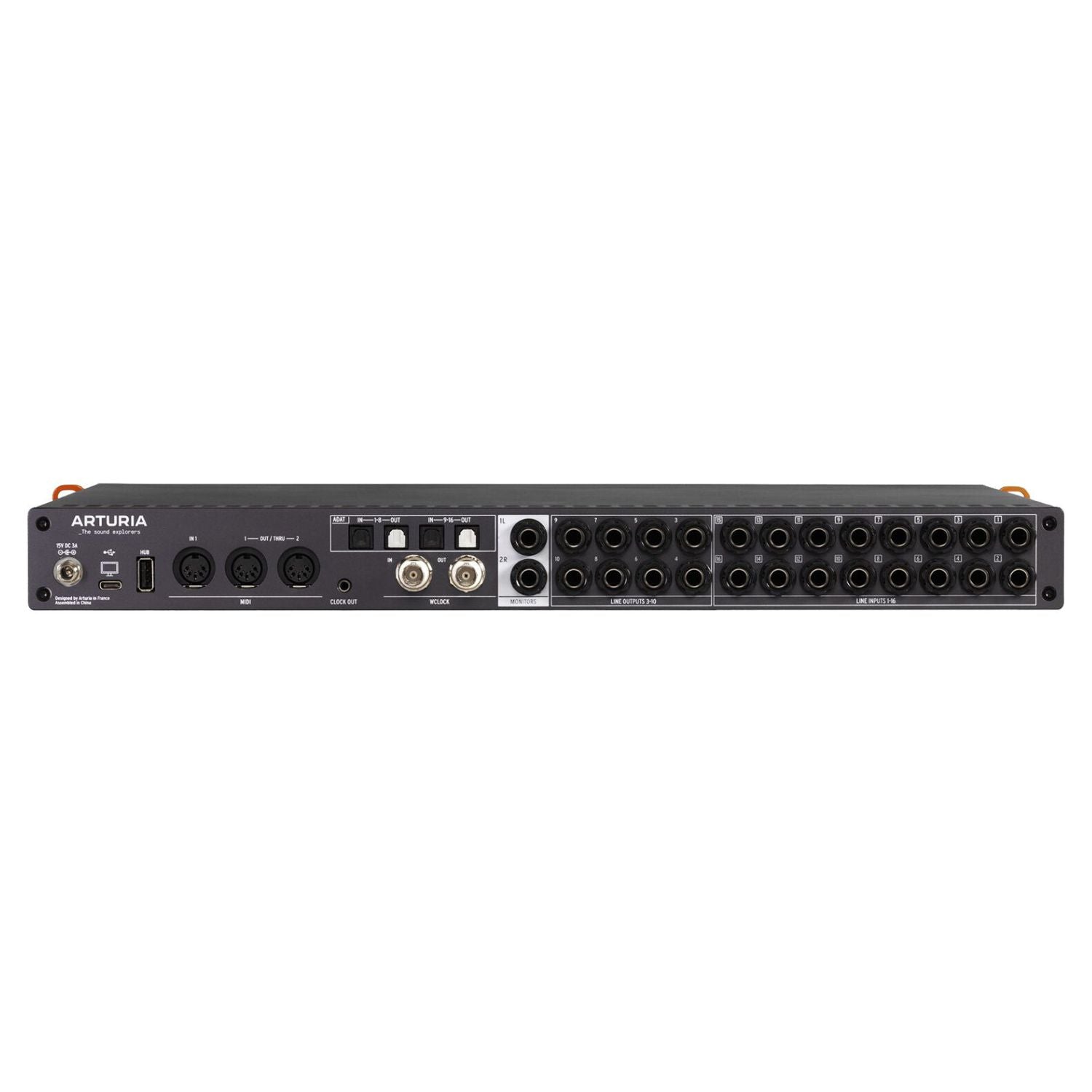 Rear ports view of Arturia AudioFuse 16Rig USB Audio Interface on white background