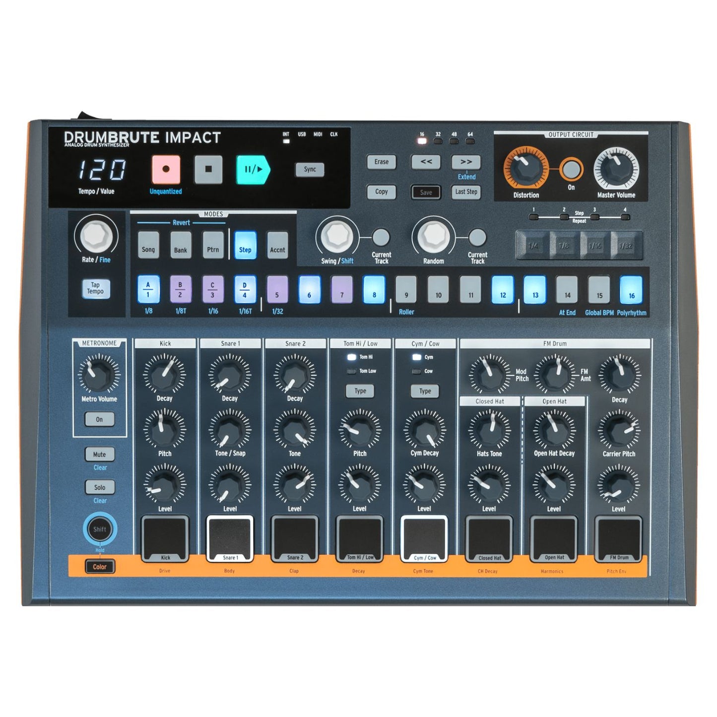 Front view of Arturia DrumBrute Impact Analog Drum Machine on white background