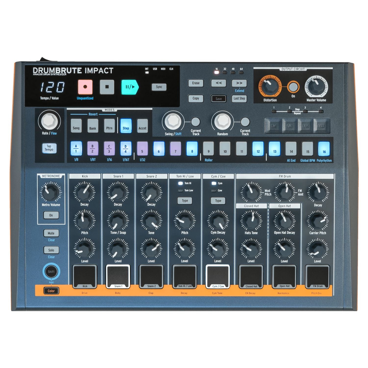 Front view of Arturia DrumBrute Impact Analog Drum Machine on white background