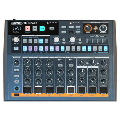 Front view of Arturia DrumBrute Impact Analog Drum Machine on white background
