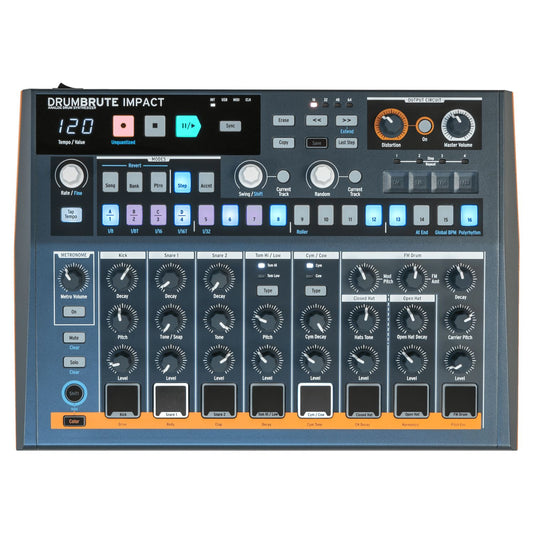 Front view of Arturia DrumBrute Impact Analog Drum Machine on white background