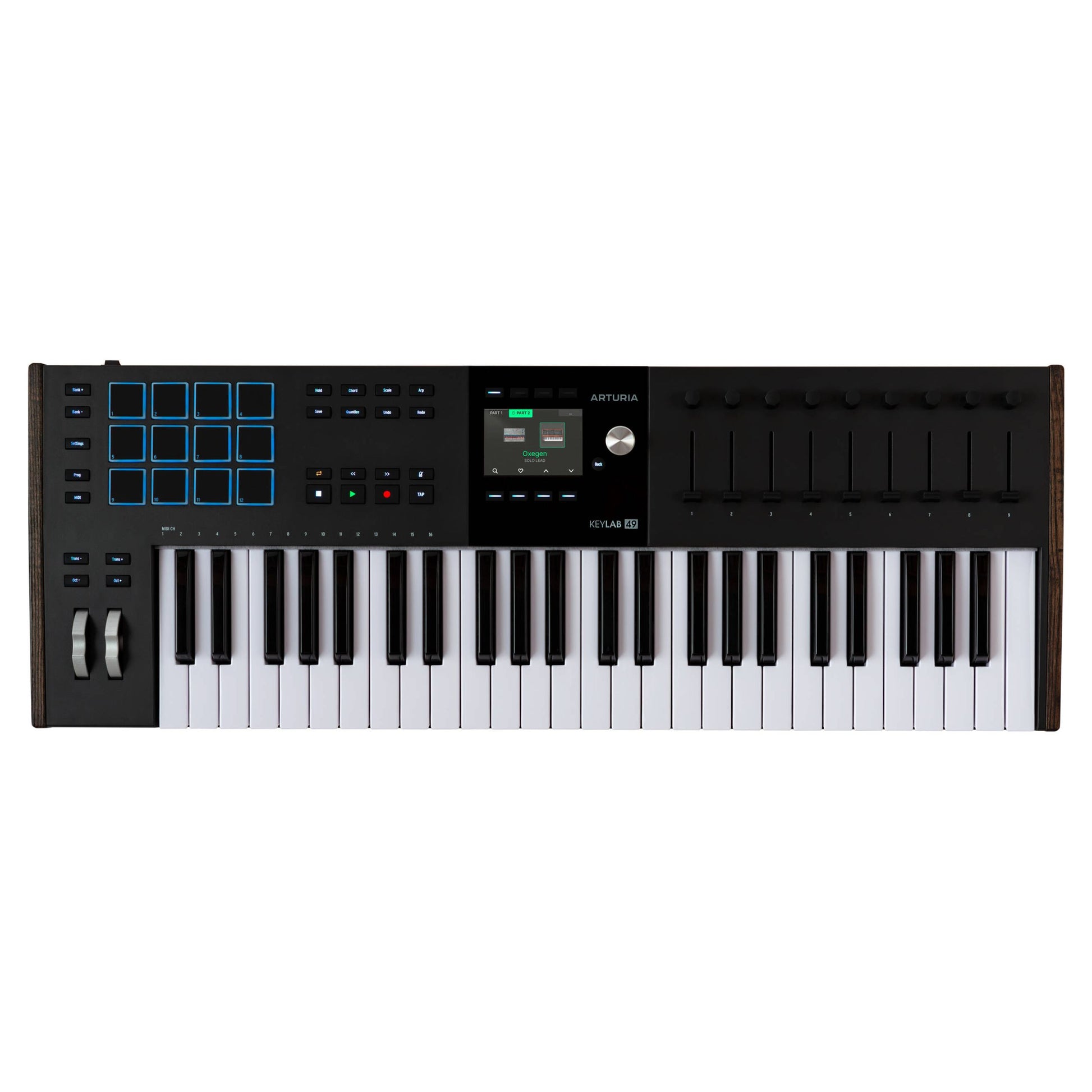 Front view of Arturia KeyLab 49 mk3 MIDI Controller Black on white background