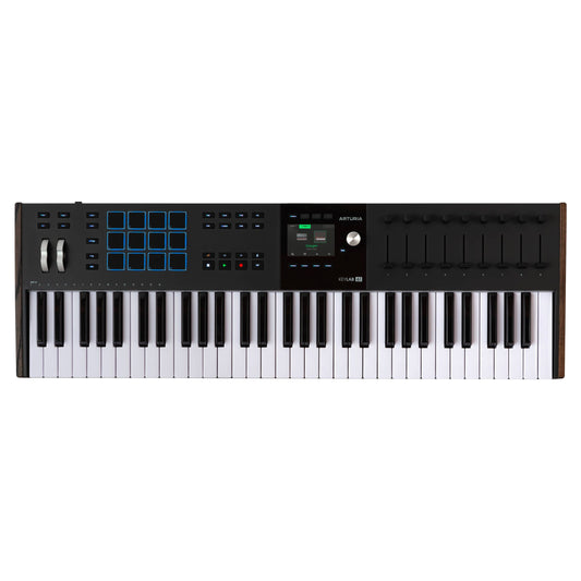 Front view of Arturia KeyLab 61 mk3 MIDI Controller Black on white background