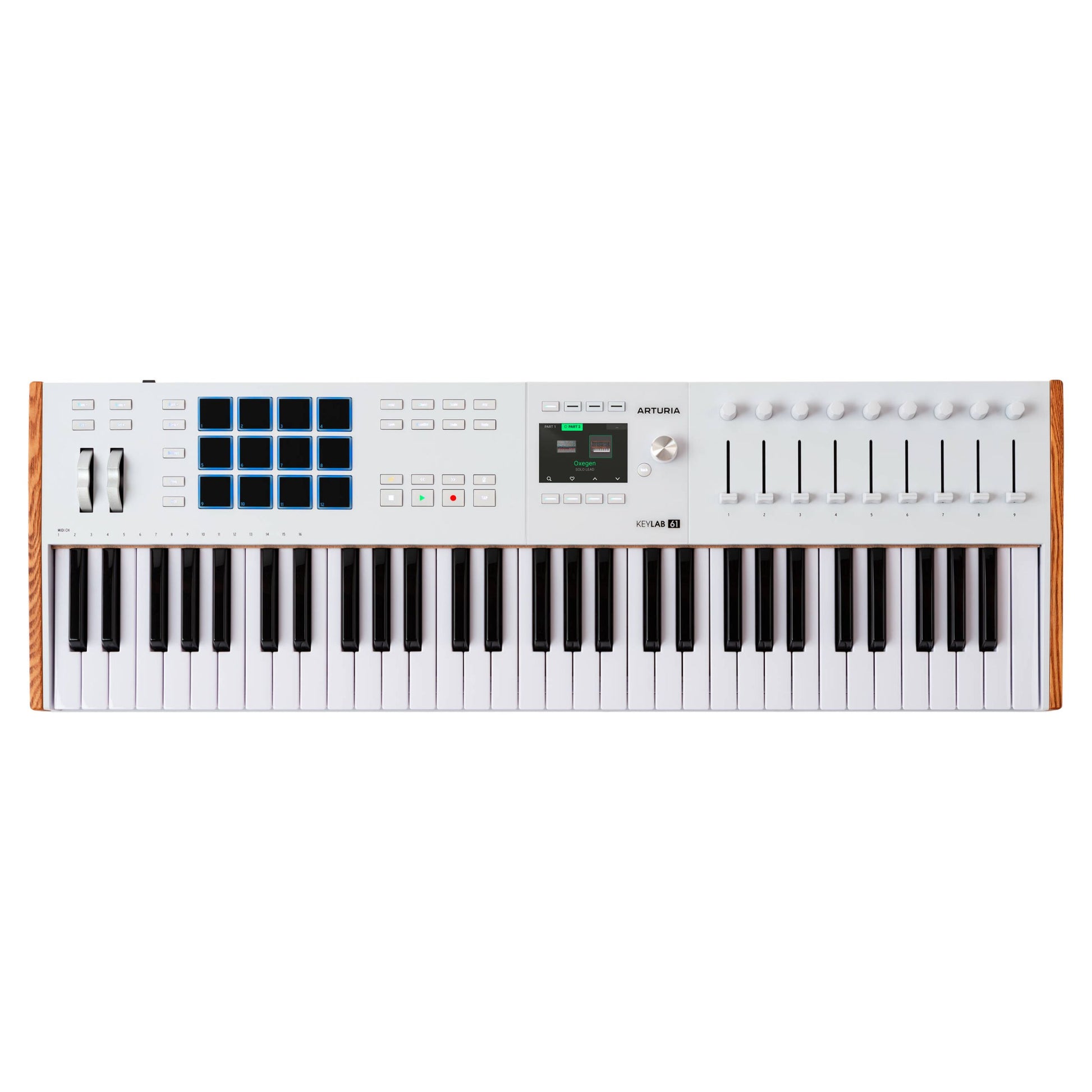 Front view of Arturia KeyLab 61 mk3 MIDI Controller White on white background