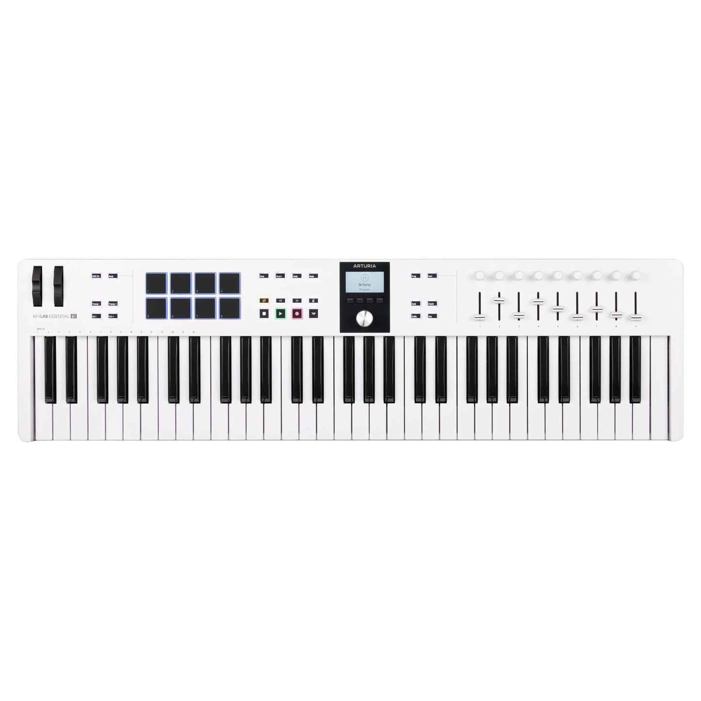 Front view of Arturia KeyLab Essential 61 mk3 MIDI Controller on white background