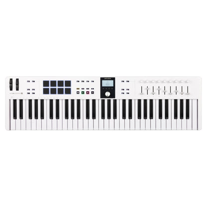 Front view of Arturia KeyLab Essential 61 mk3 MIDI Controller on white background