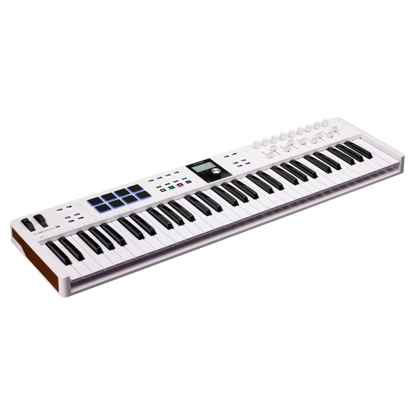 Angled view of Arturia KeyLab Essential 61 mk3 MIDI Controller on white background