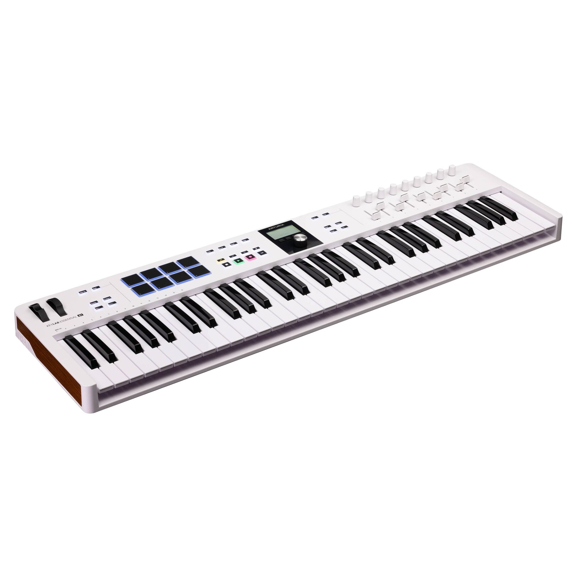 Angled view of Arturia KeyLab Essential 61 mk3 MIDI Controller on white background