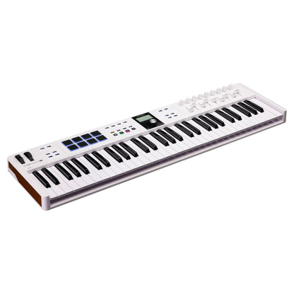 Angled view of Arturia KeyLab Essential 61 mk3 MIDI Controller on white background