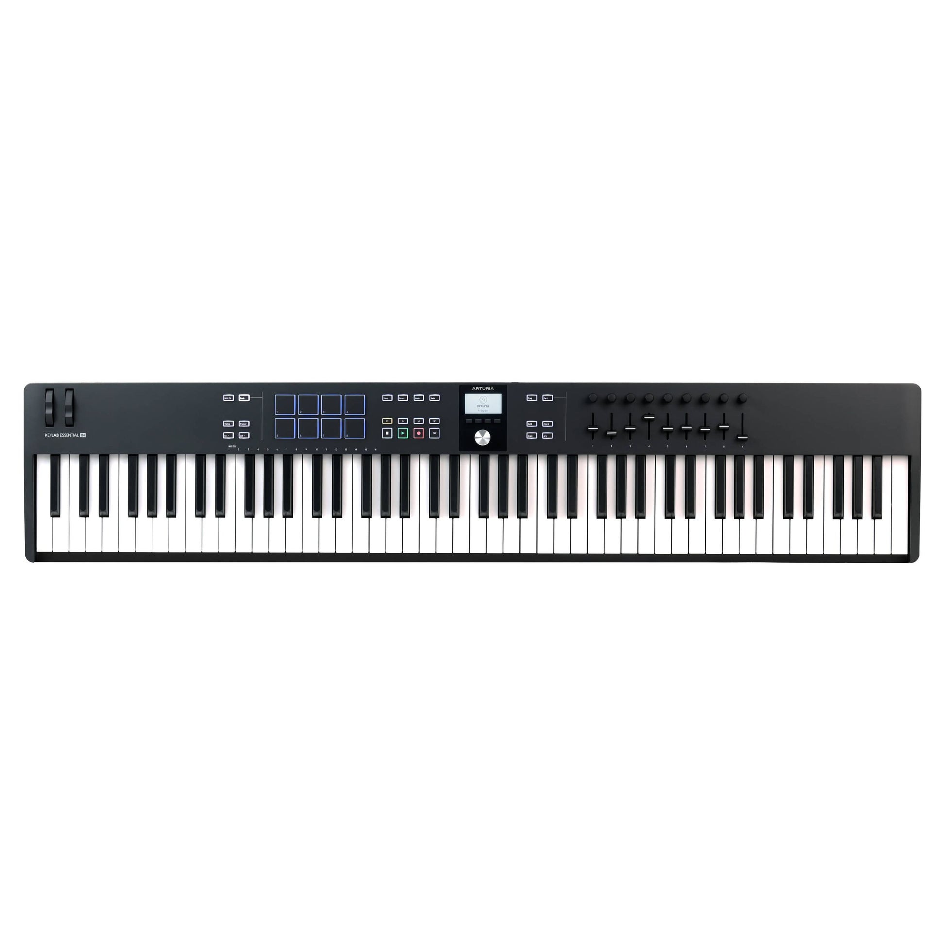 Front view of Arturia KeyLab Essential 88 mk3 MIDI Controller Black on white background