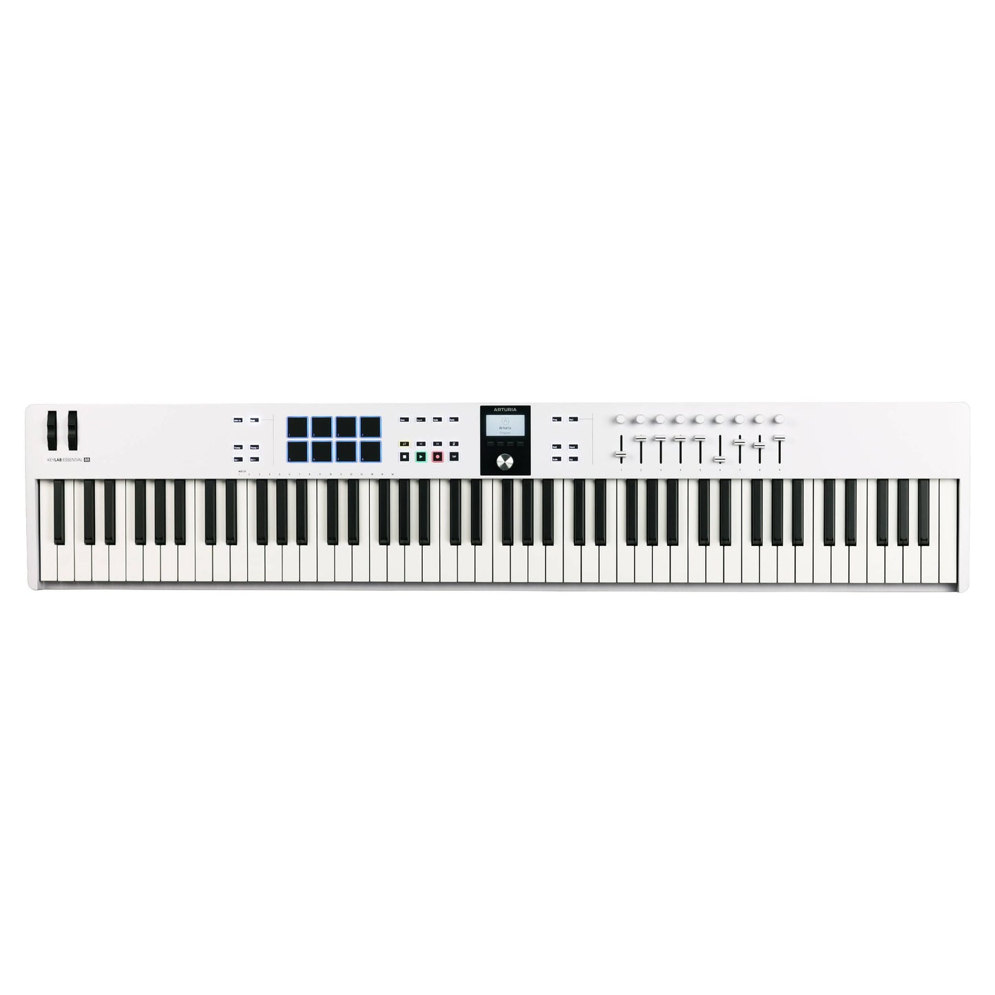 Front view of Arturia KeyLab Essential 88 mk3 MIDI Controller White on white background