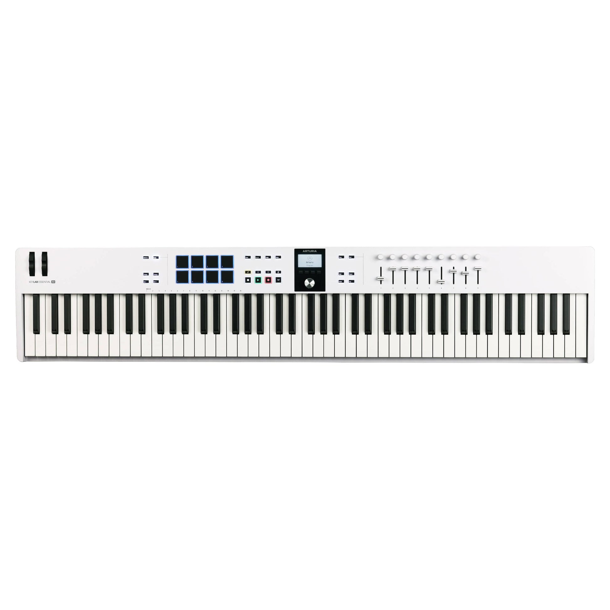 Front view of Arturia KeyLab Essential 88 mk3 MIDI Controller White on white background