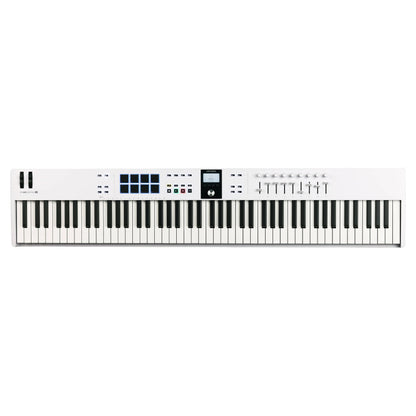 Front view of Arturia KeyLab Essential 88 mk3 MIDI Controller White on white background