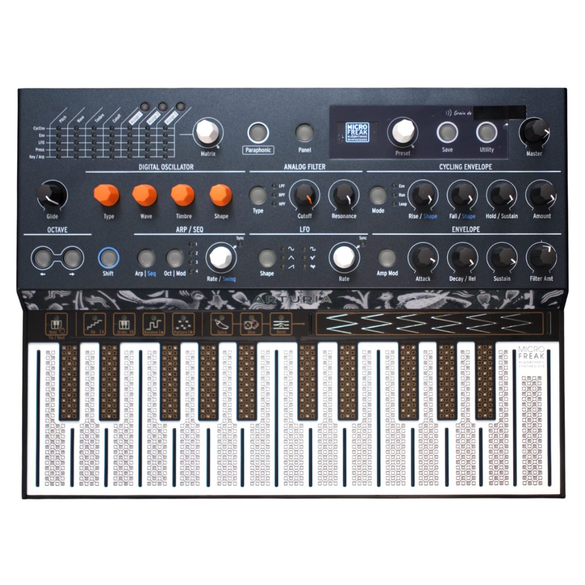 Front view of Arturia MicroFreak Hybrid Synthesizer on white background
