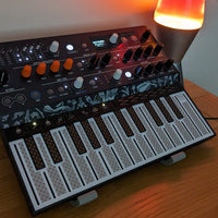 Angled view of Arturia MicroFreak Hybrid Synthesizer wooden desk with lava lamp behind it in studio
