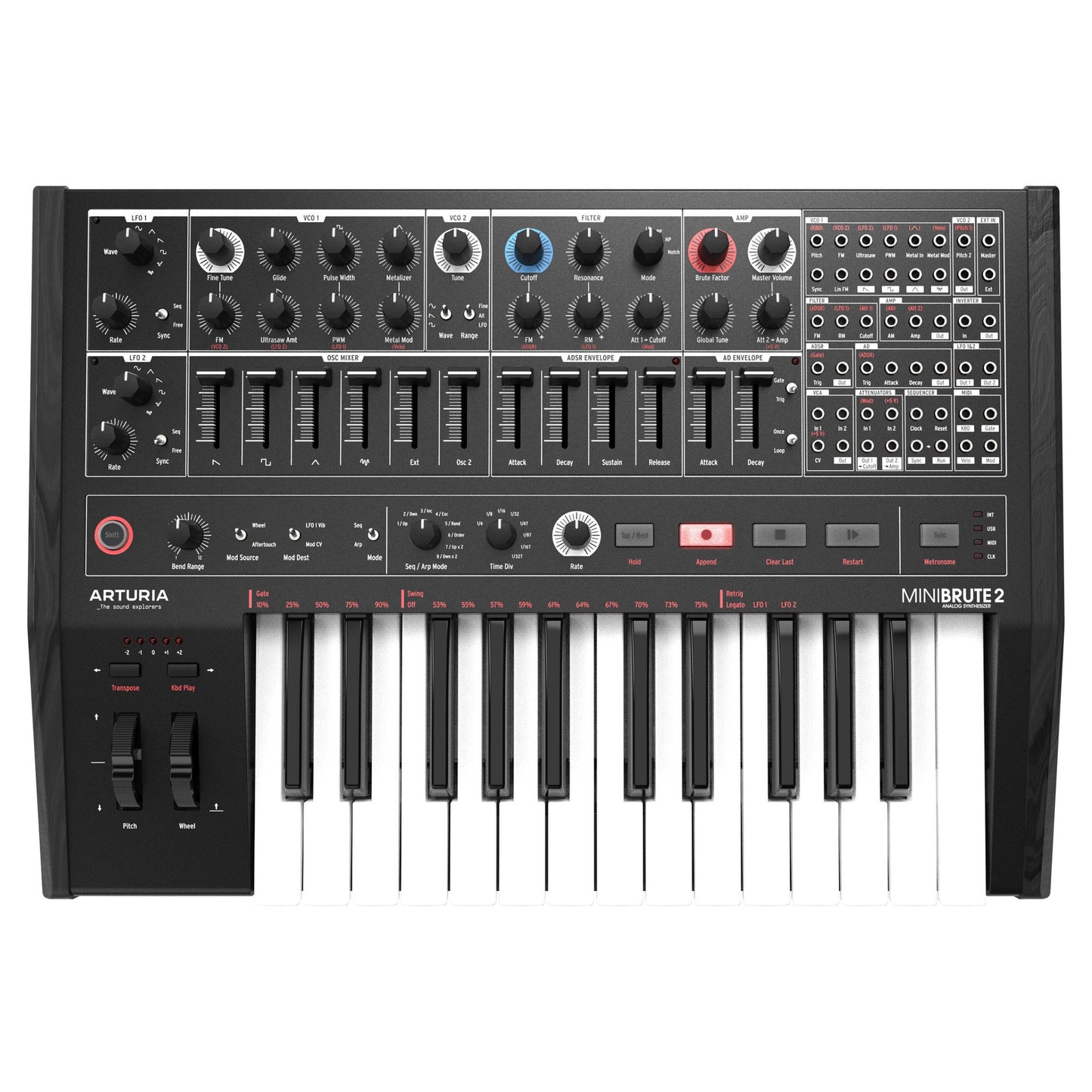 Front view of Arturia MiniBrute 2 Noir Analog Synthesizer on white background