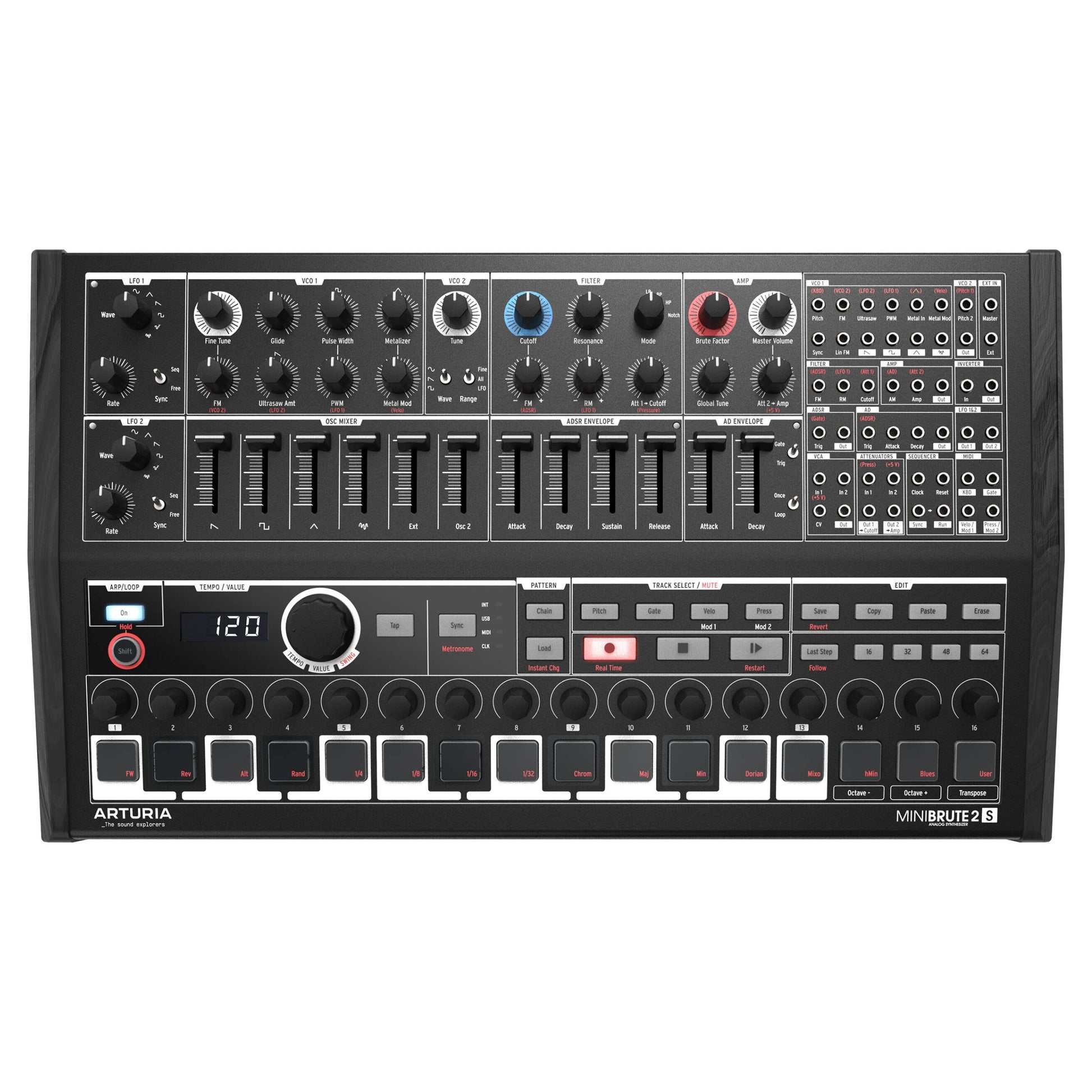 Front view of Arturia MiniBrute 2S Noir Analog Synthesizer on white background