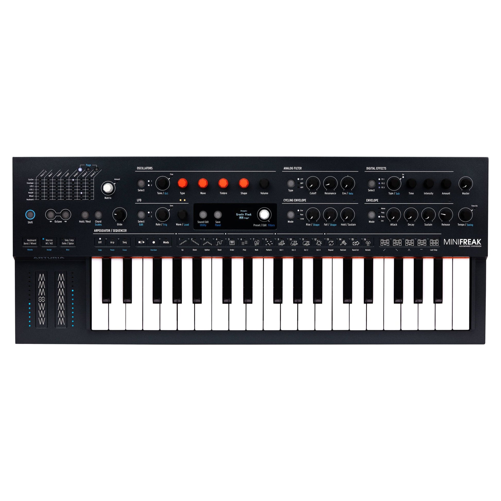 Front view of Arturia MiniFreak Hybrid Synthesizer on white background