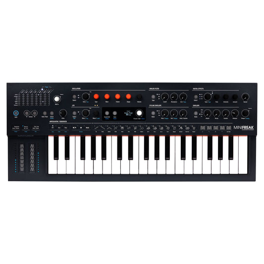 Front view of Arturia MiniFreak Hybrid Synthesizer on white background