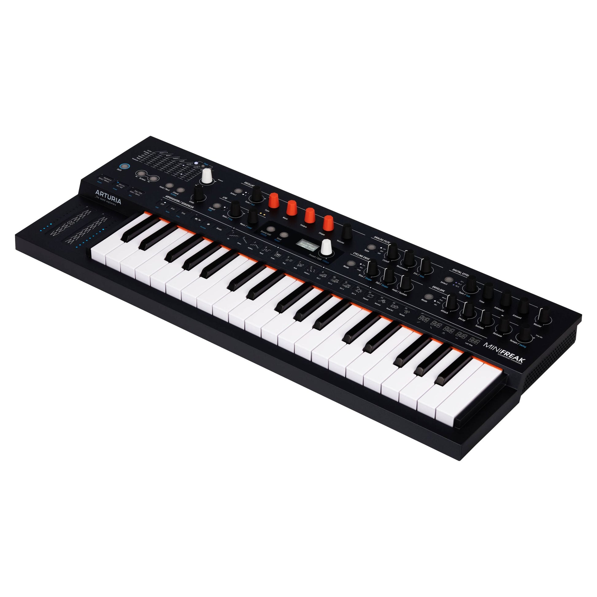 Angled view of Arturia MiniFreak Hybrid Synthesizer on white background