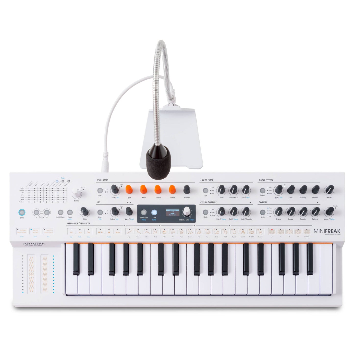 Front view of Arturia MiniFreak Vocoder Edition Hybrid Synthesizer on white background