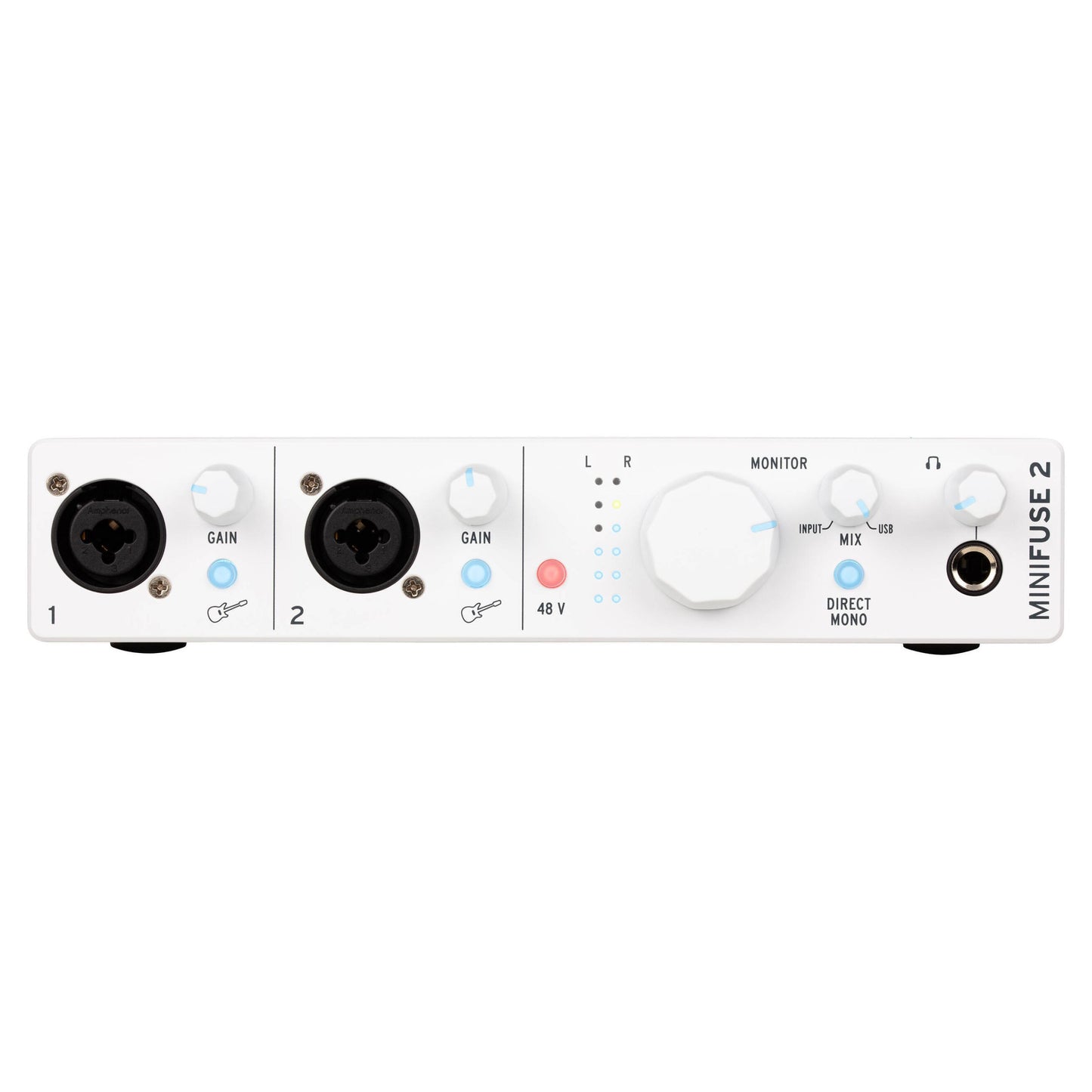 Front view of interface of Arturia MiniFuse Recording Pack White on white background