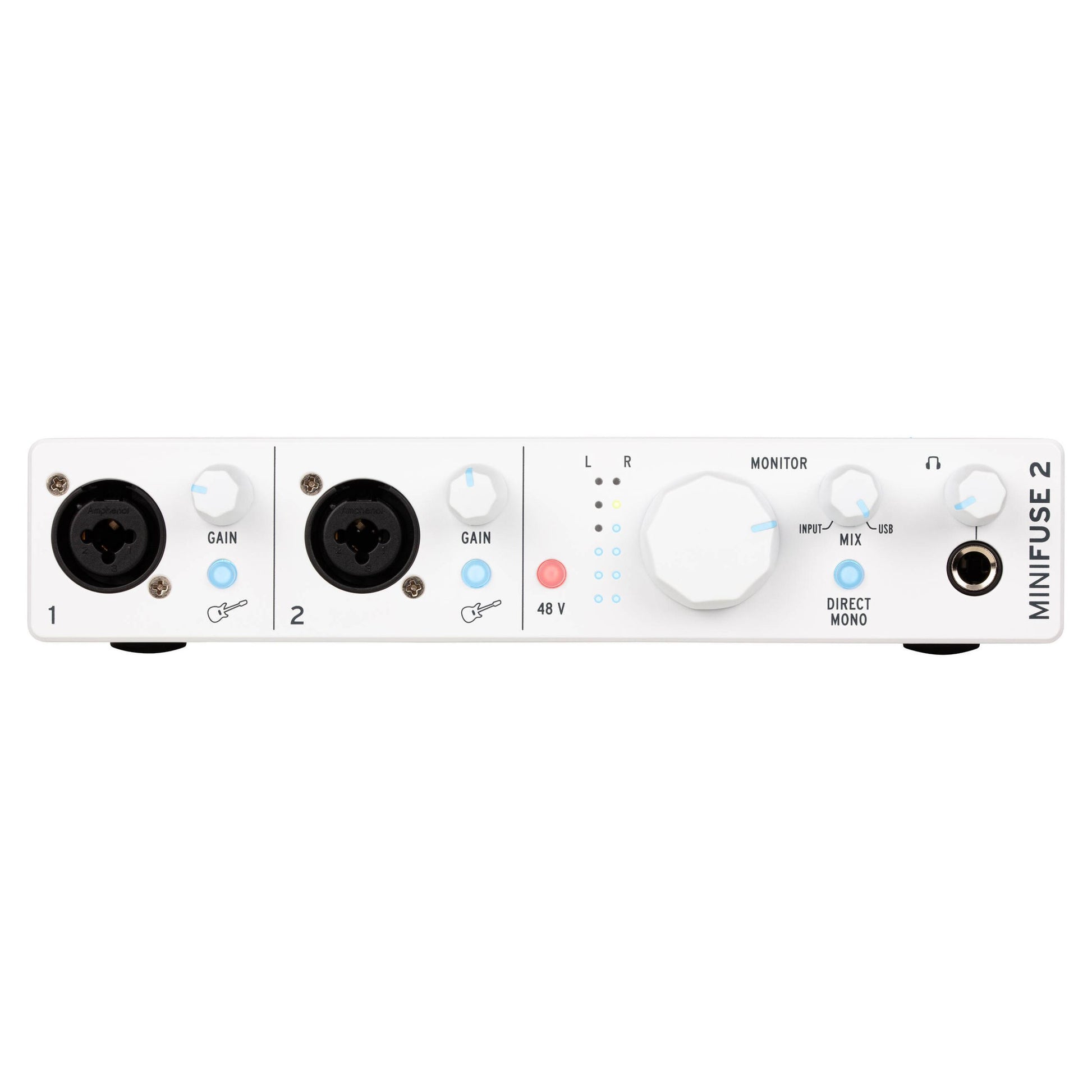 Front view of interface of Arturia MiniFuse Recording Pack White on white background